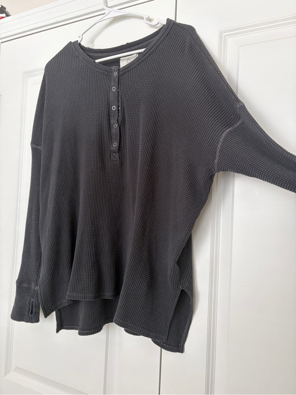 Aerie Waffle-Knit Henley Long Sleeve Top - Black